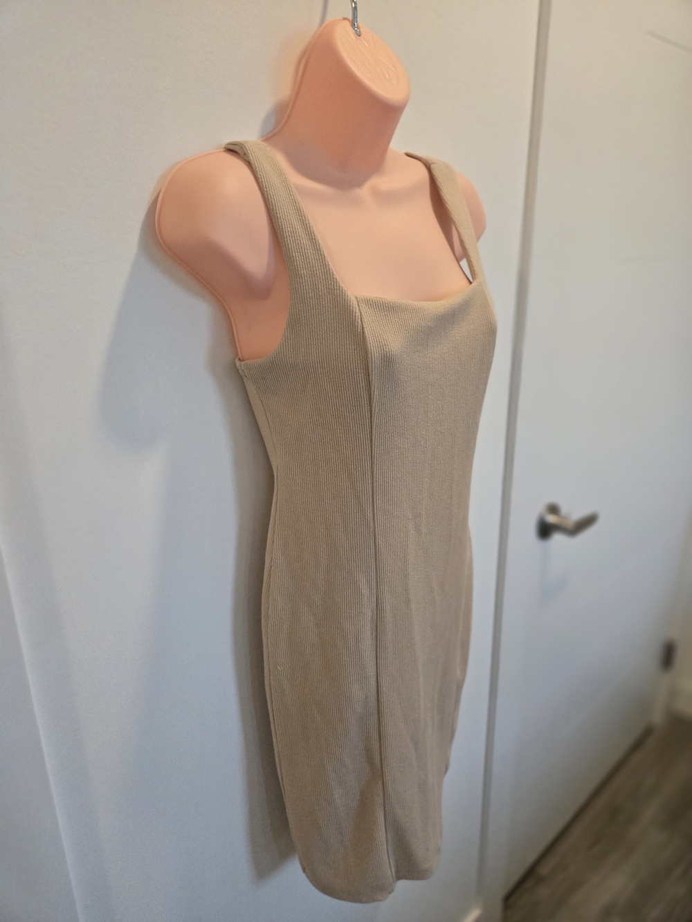 Ambiance Beige Ribbed Square-Neck Mini Dress
